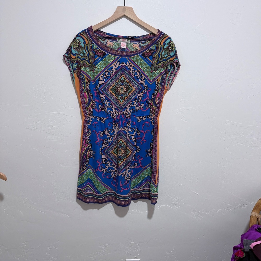 Flying Tomato Boho Mini Dress Blue Paisley Medallion Festival Rayon Dress